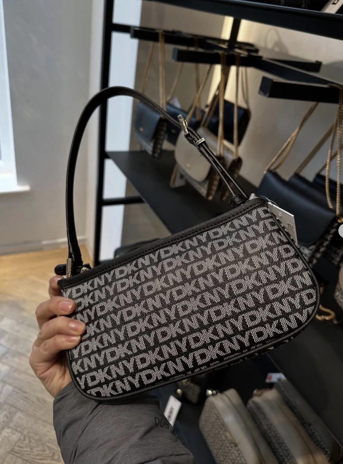 DKNY, small shoulder bag, no long strap, coated cotton, signature print black