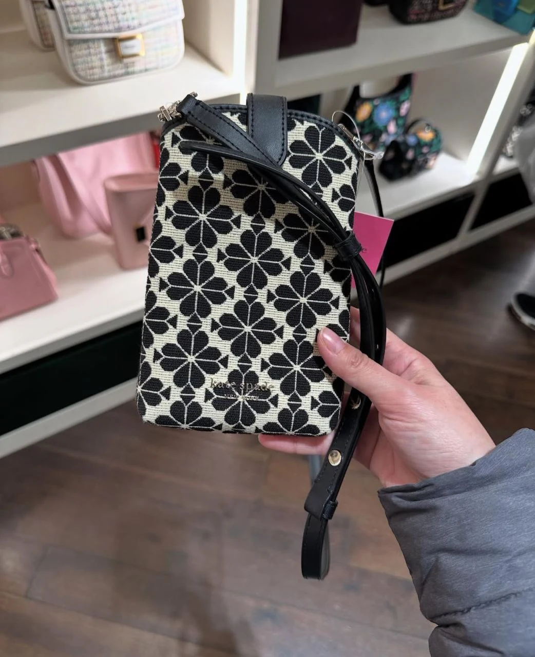 KATE SPADE, phone crossbody bag, jacquard fabric, spade flower, navy