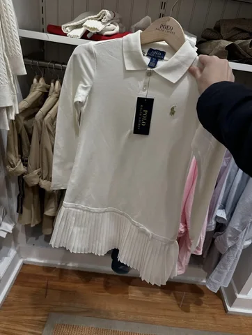 POLO RALPH LAUREN, for girls, long sleeves collared dress, mesh cotton, white