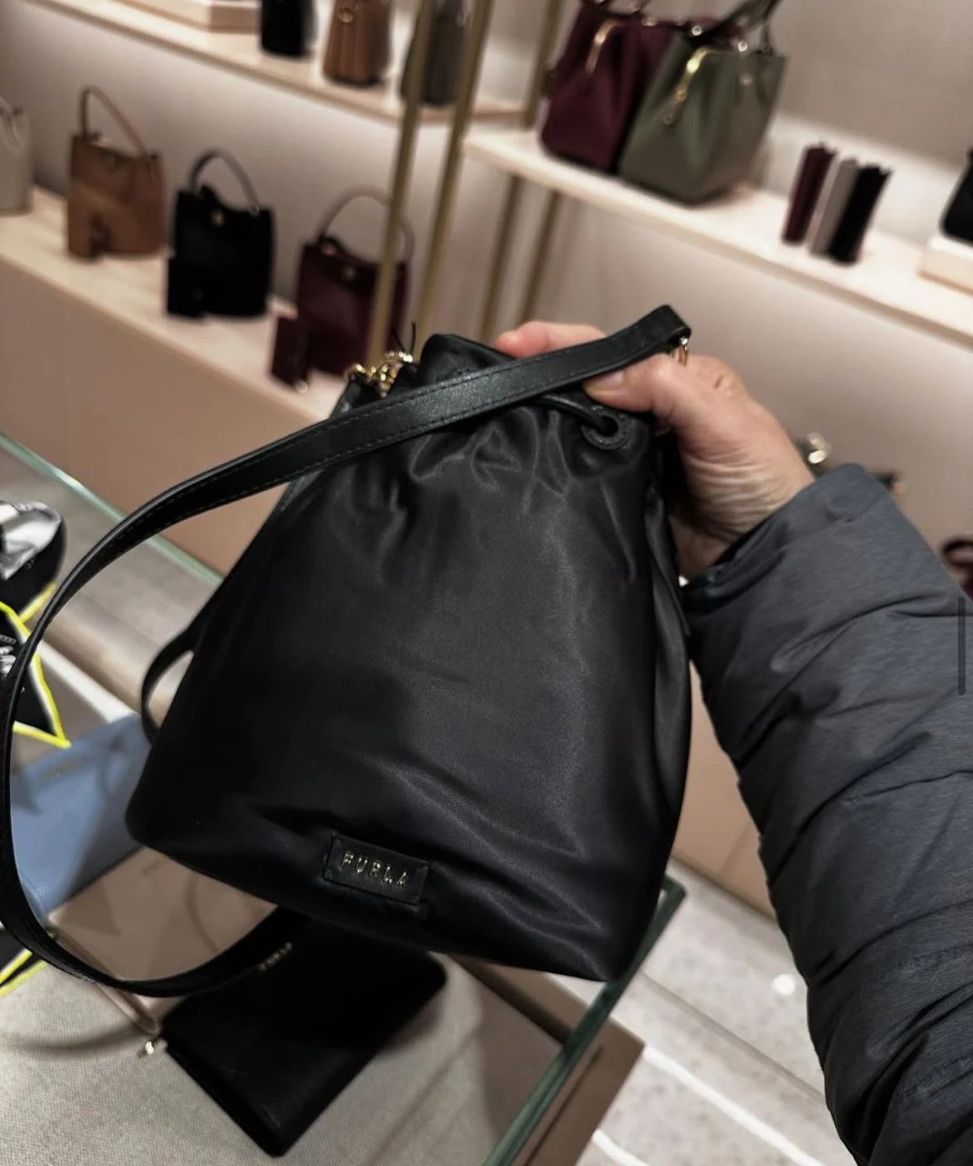 FURLA, bucket drawstring crossbody bag, nylon black