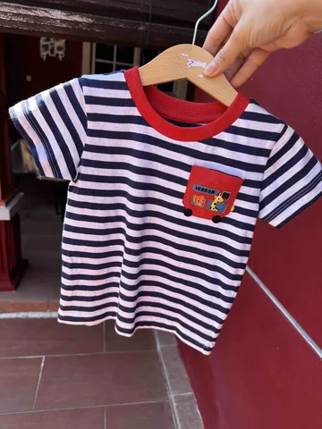 NEXT, for kids baby boys, t shirt, London bus stripes navy, 9-12 month