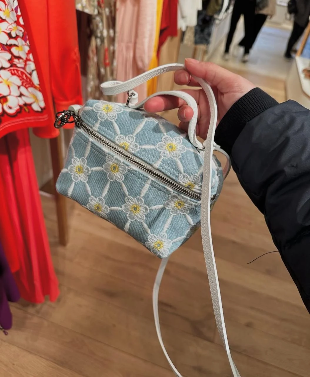 LONGCHAMP, small top handle vanity bag, fabric, embroidered floral blue