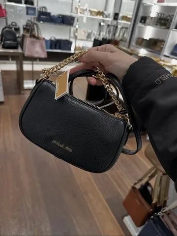 MICHAEL KORS, carmel, small chain handle bag, with long strap, leather black