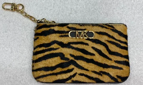 MICHAEL KORS, for ladies, small zip card holder, faux fur, printed tiger, marigold