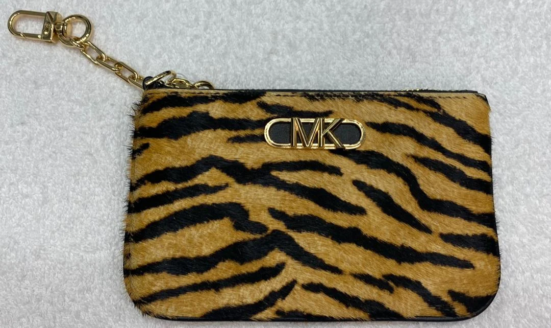 MICHAEL KORS, for ladies, small zip card holder, faux fur, printed tiger, marigold