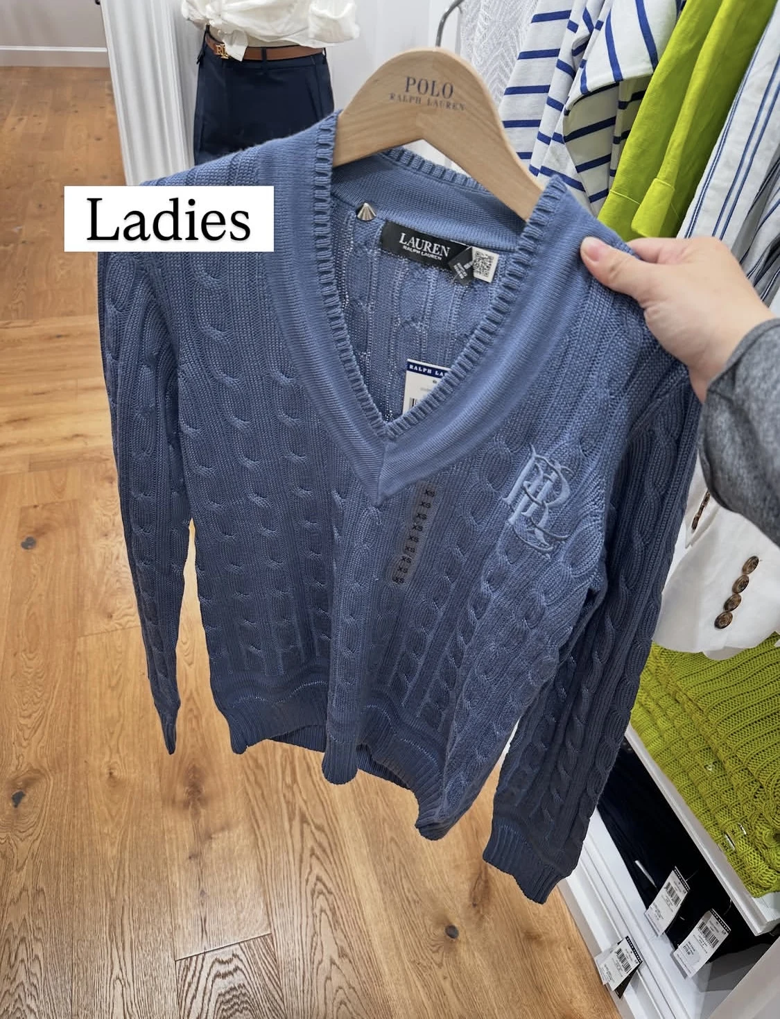 POLO RALPH LAUREN, for ladies, v neck sweater, cotton viscose knitted, washed glossy blue