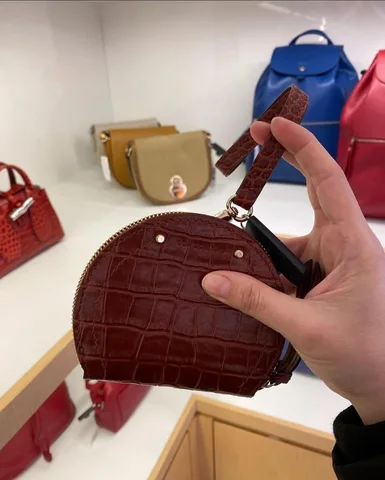LONGCHAMP, half moon coin purse with wrist strap, textured croc, brown
