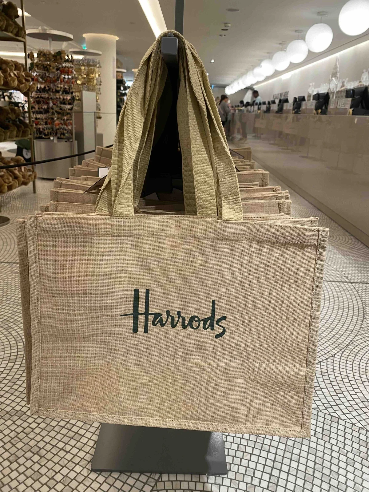 HARRODS, jute bag, printed logo, natural