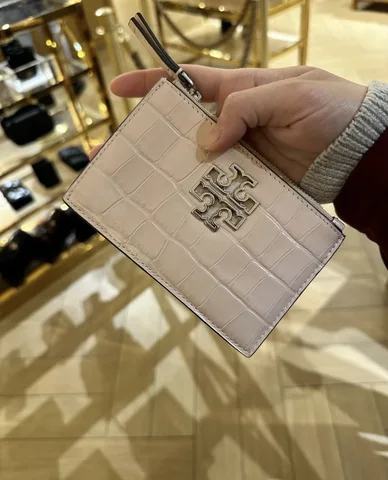 TORY BURCH, britten, medium zip card holder, textured pink