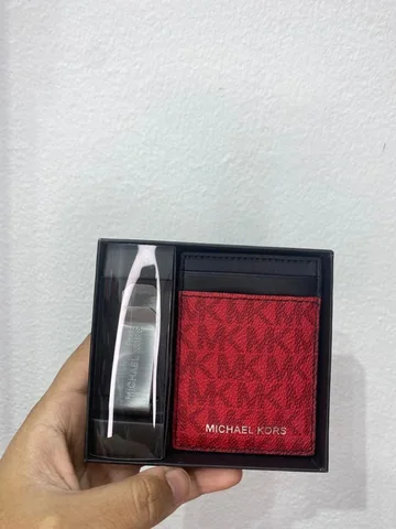 MICHAEL KORS, for men, set of money clip and card holder, signature print red