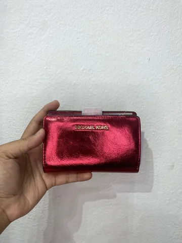 MICHAEL KORS, for ladies, bifold compact wallet, textured faux leather, metallic red