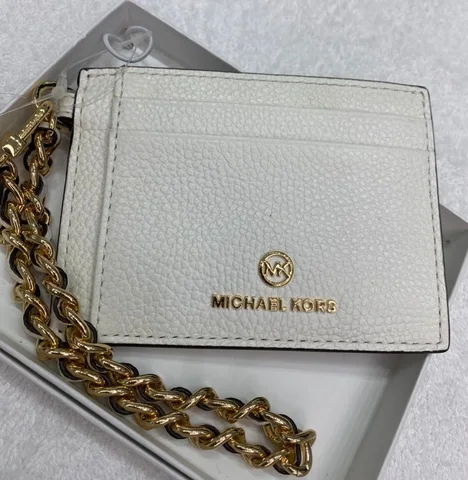 MICHAEL KORS, medium card holder on wrist strap, leather white