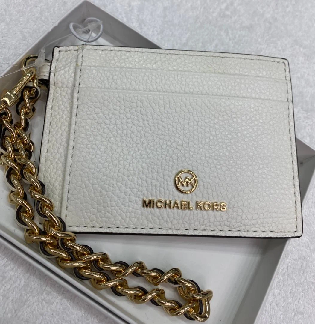 MICHAEL KORS, medium card holder on wrist strap, leather white