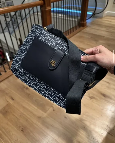 POLO RALPH LAUREN, for ladies, crossbody bag, printed logo, coated cotton blue