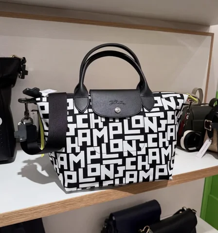 LONGCHAMP, lgp, medium top handle bag, with long strap, nylon, black white