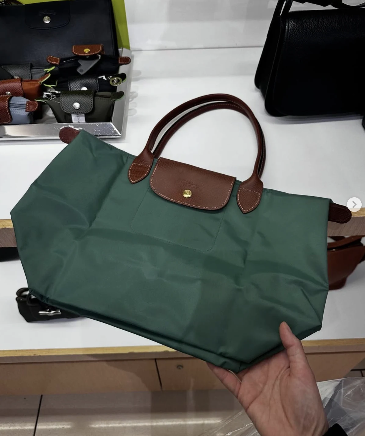 LONGCHAMP, le pliage original, medium long handle bag, no long strap, sage green