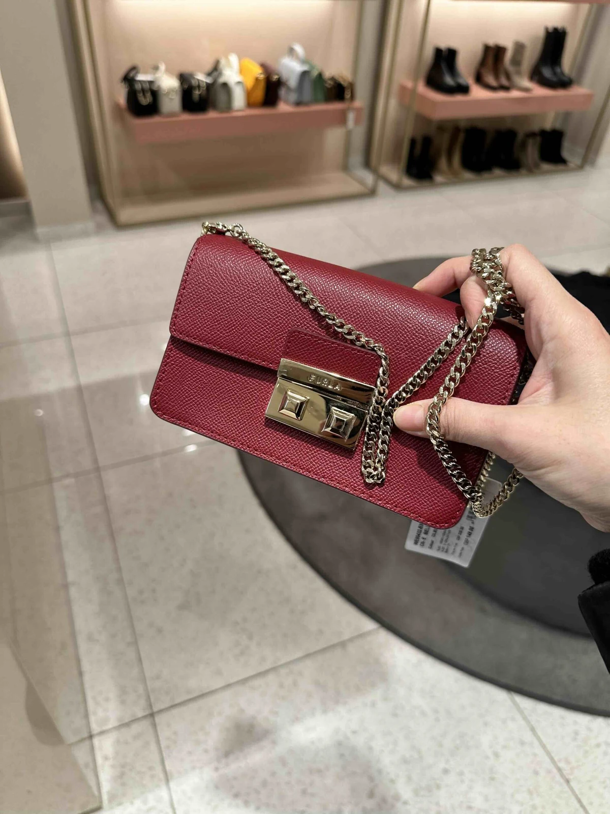 FURLA, bella, pochette on chain, leather, chilliega dark red