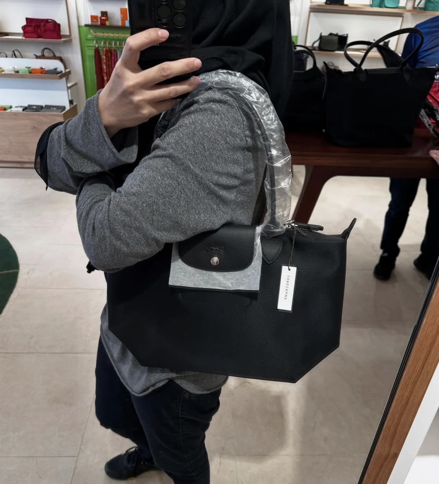 LONGCHAMP, neo, medium long handle bag, no long strap, nylon black