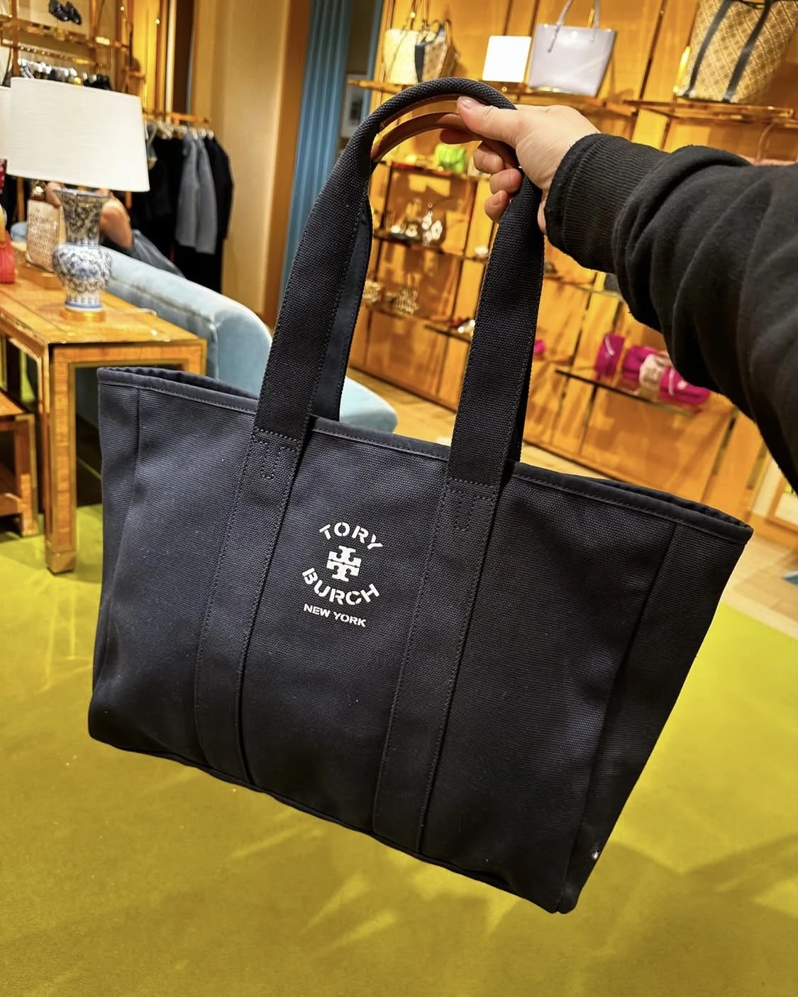 TORY BURCH, large open top tote bag, no long strap, canvas, navy