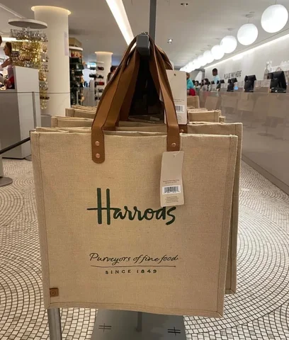 HARRODS, jute bag, embroidered logo, rubber handle, natural