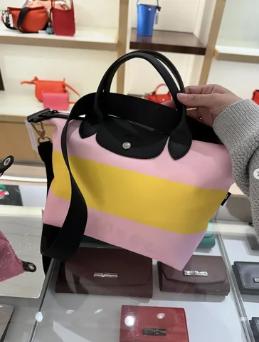 LONGCHAMP, neo, small top handle bag, with long strap, nylon, stripe pink