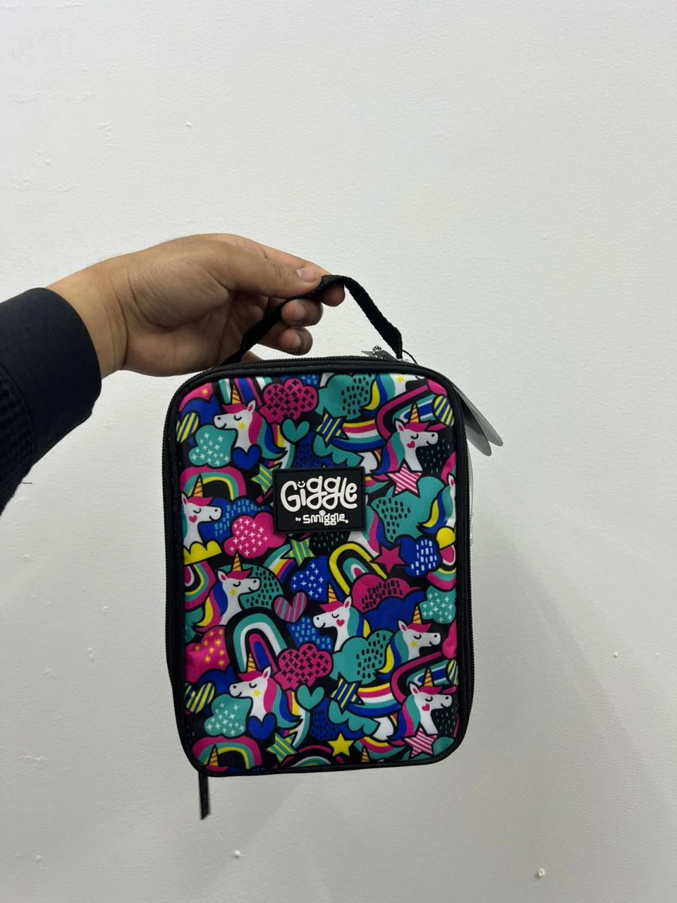 SMIGGLE, for kids, lunch bag with handle, printed unicorn, black