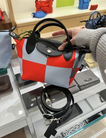LONGCHAMP, XS top handle bag, with long strap, checkered Red