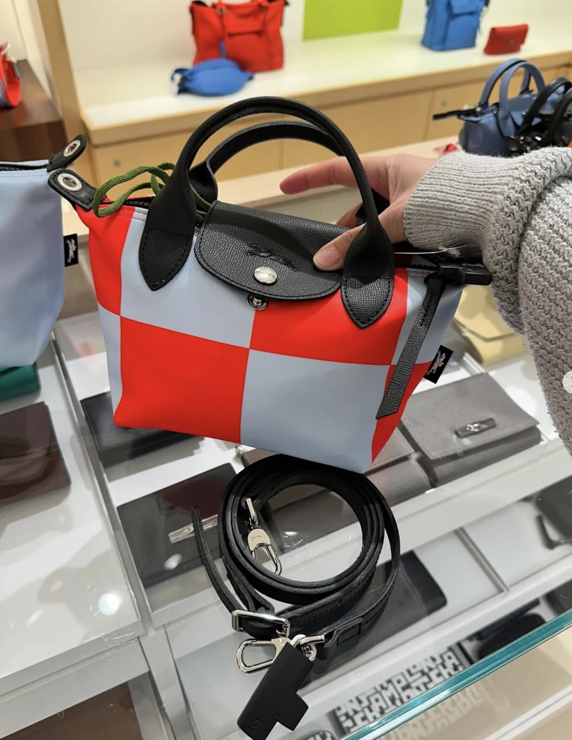 LONGCHAMP, XS top handle bag, with long strap, checkered Red