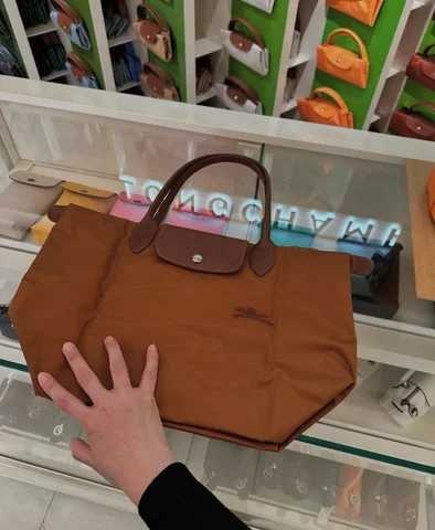 LONGCHAMP, le pliage green, large long handle bag, no long strap, cognac brown